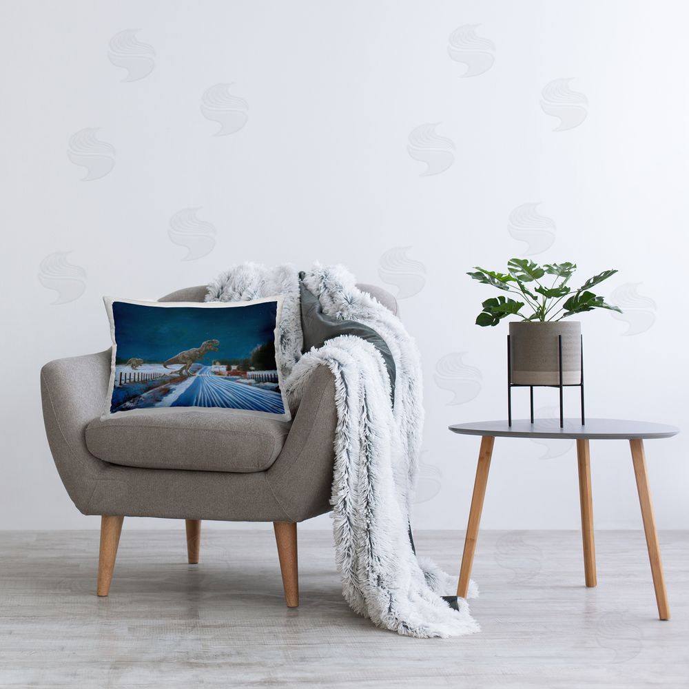 Wellington Studio Tyrannosaur Crossing Snowy Road Plush Polyester Printed Lumbar Pillow on Chair
