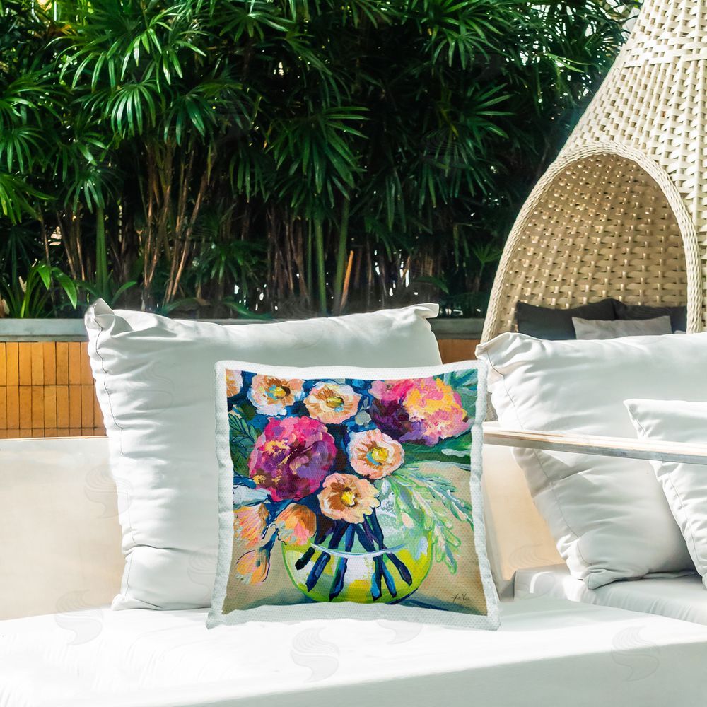 Jeanette Vertentes Jubilant Peony Bouquet Outdoor Quick-Dry Polyester Printed Square Pillow on Patio