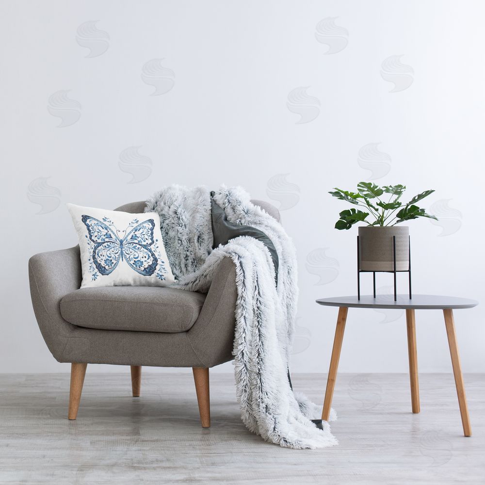 Danhui Nai Ornate Blue Butterfly Plush Polyester Printed Square Pillow on Chair