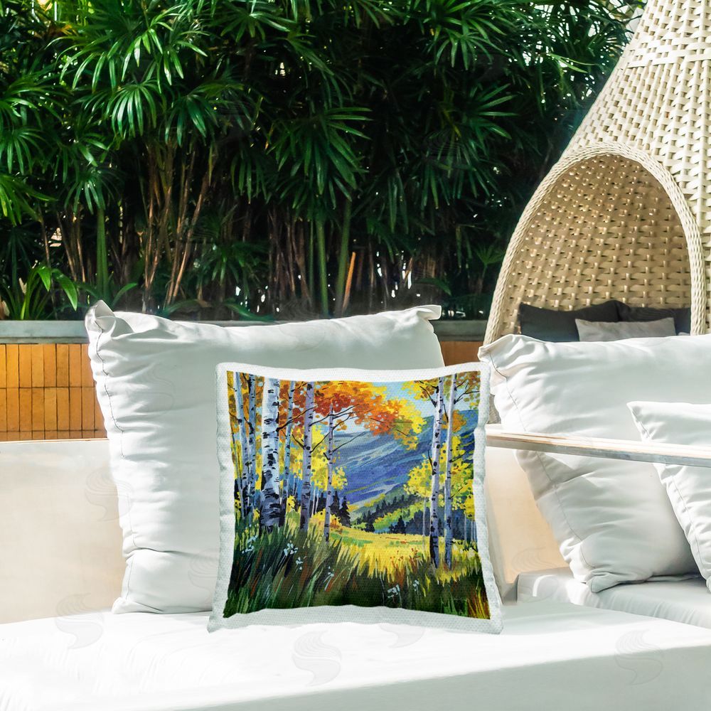 Kate Jarvik Birch Autumn Golden Birch Grove Outdoor Square Printed Throw Pillow on Seat