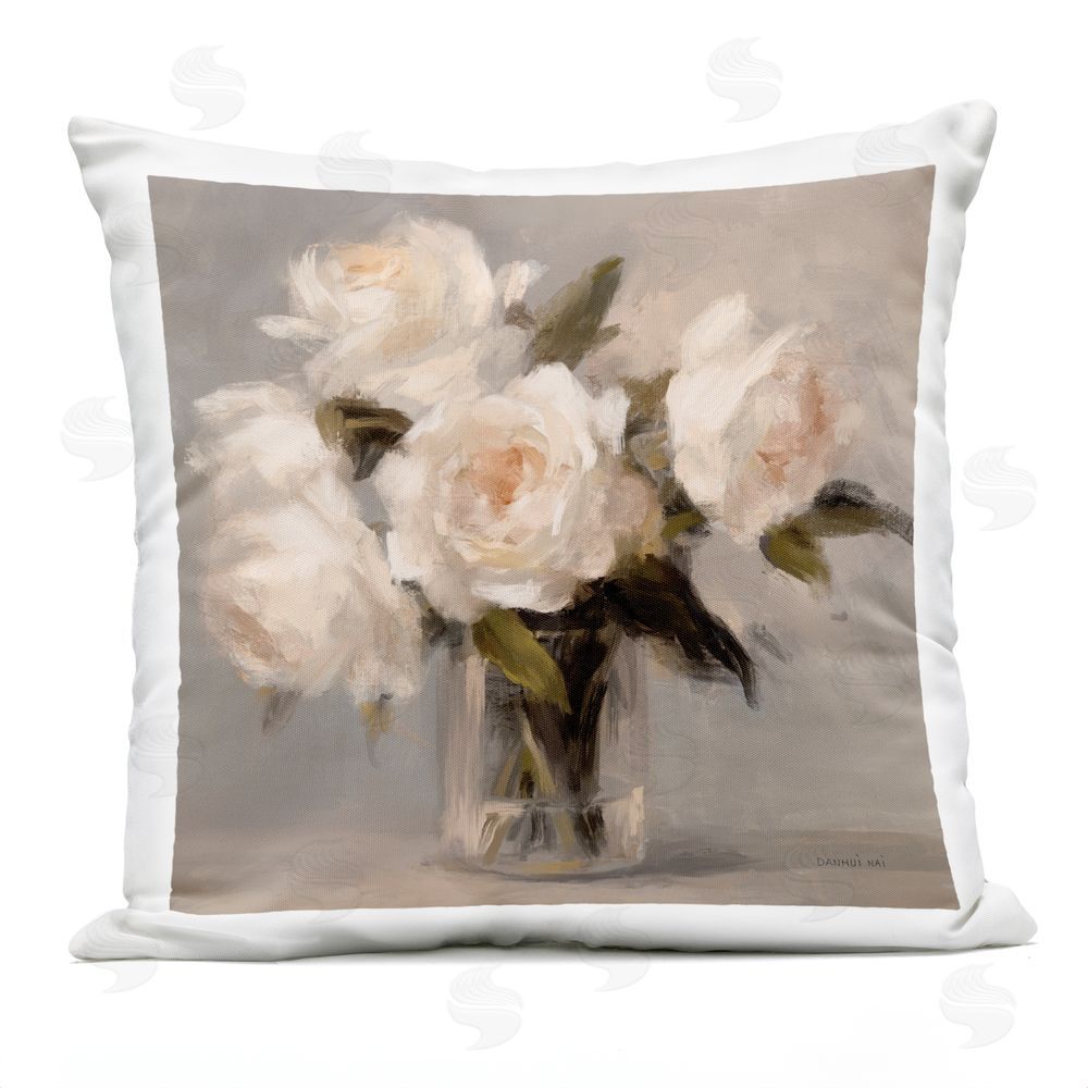 Danhui Nai Painterly White Roses in Vase Outdoor Quick-Dry Polyester Square Throw Pillow