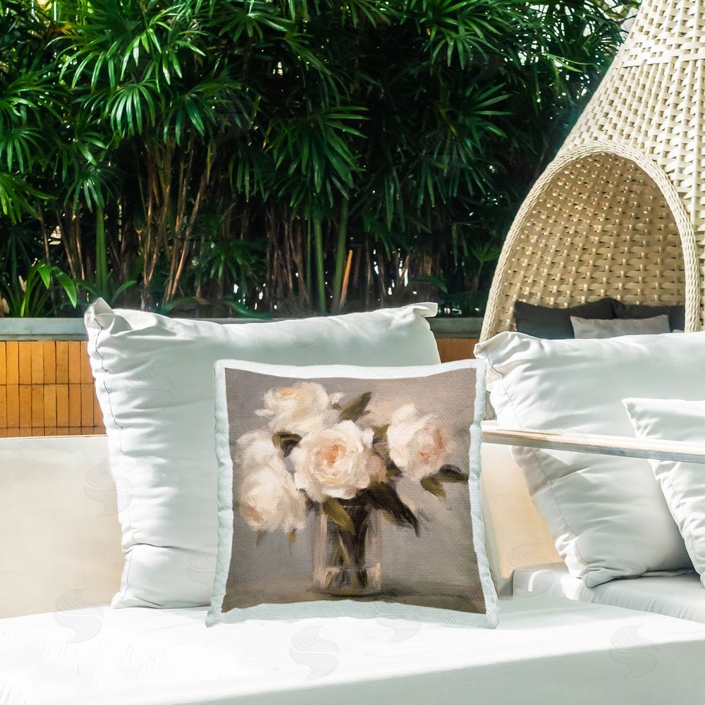 Danhui Nai Painterly White Roses in Vase Outdoor Quick-Dry Polyester Printed Square Pillow on Patio
