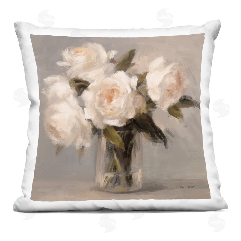 Danhui Nai Painterly White Roses in Vase Indoor Plush Polyester Square Throw Pillow