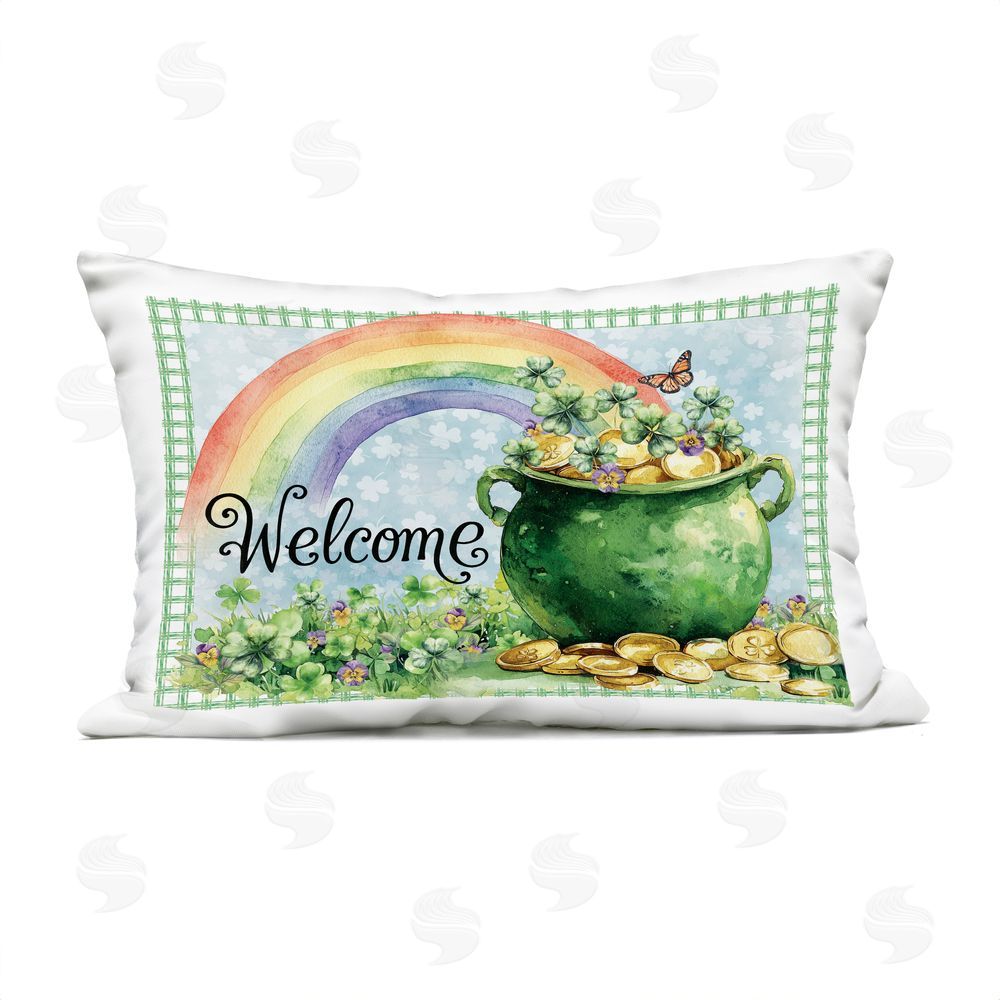 Nicole DeCamp Welcome Rainbow Pot Of Gold Outdoor Quick-Dry Polyester Lumbar Pillow