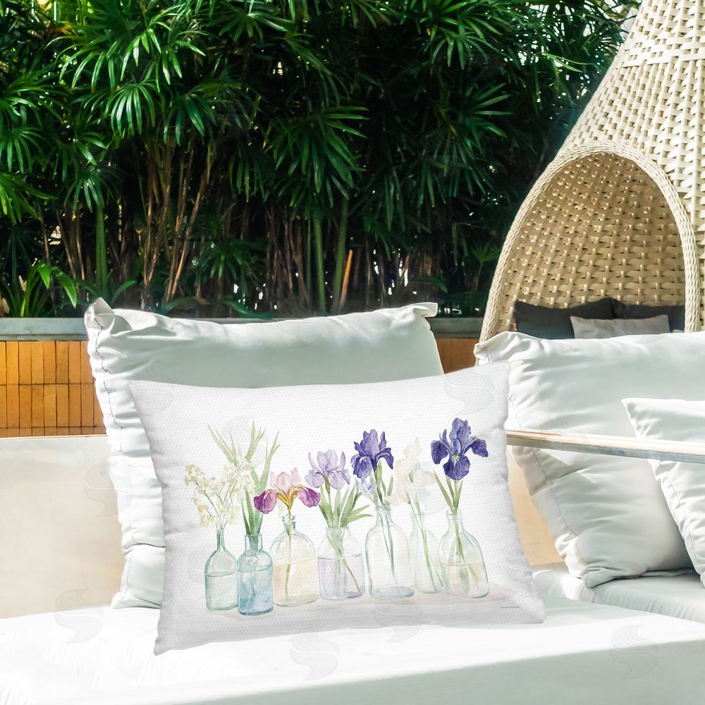 Svetlana Aleynikova Irises in Glass Bottles Outdoor Quick-Dry Polyester Printed Lumbar Pillow on Patio