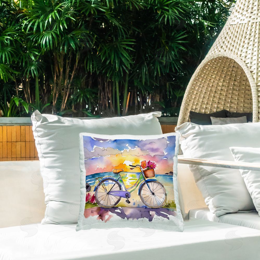 Shelly Craig Bicycle By The Seaside Outdoor Quick-Dry Polyester Printed Square Pillow on Patio