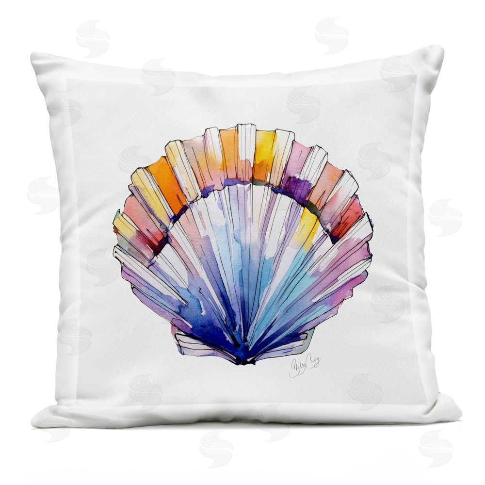Shelly Craig Coastal Scallop Watercolor Outdoor Quick-Dry Polyester Square Throw Pillow