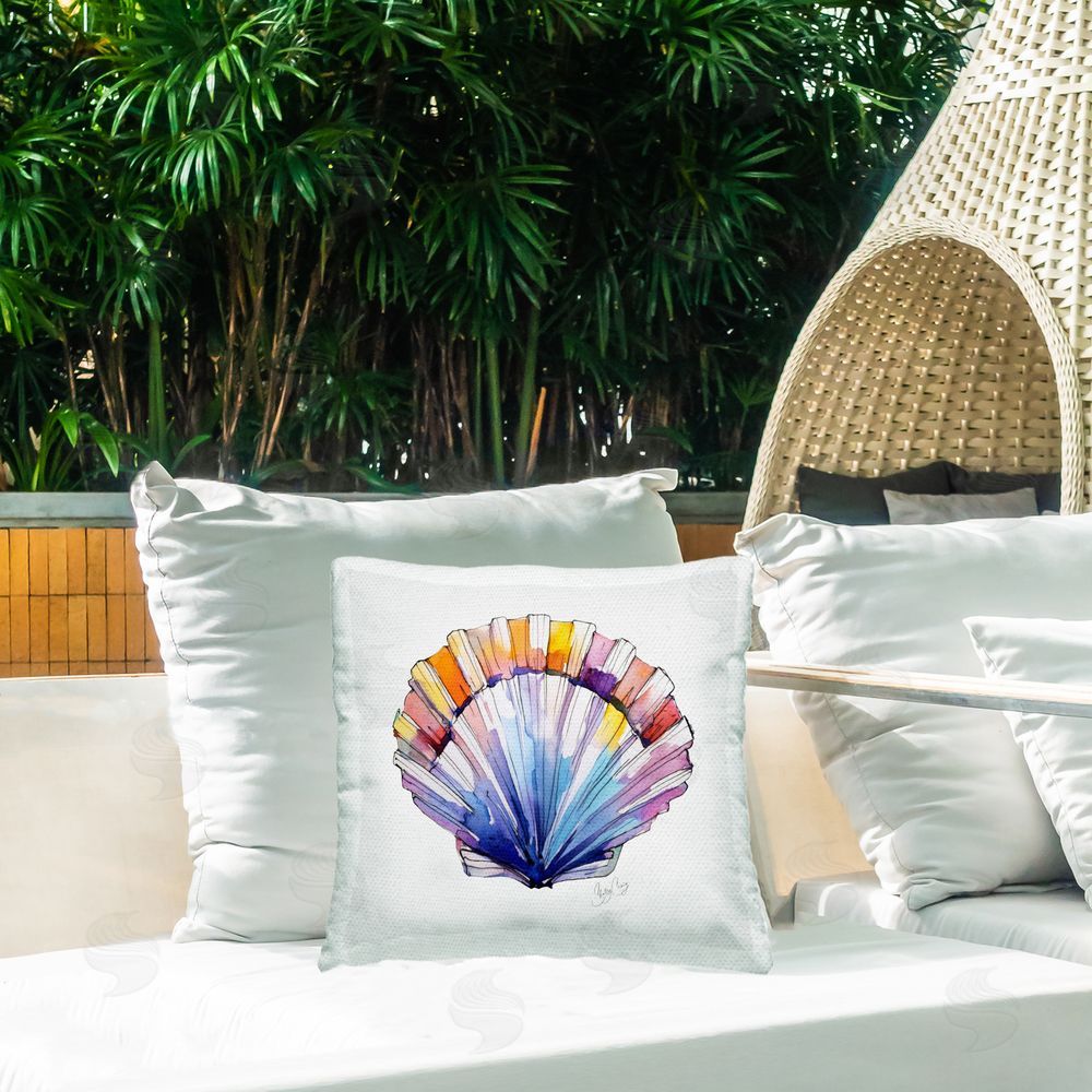 Shelly Craig Coastal Scallop Watercolor Outdoor Quick-Dry Polyester Printed Square Pillow on Patio
