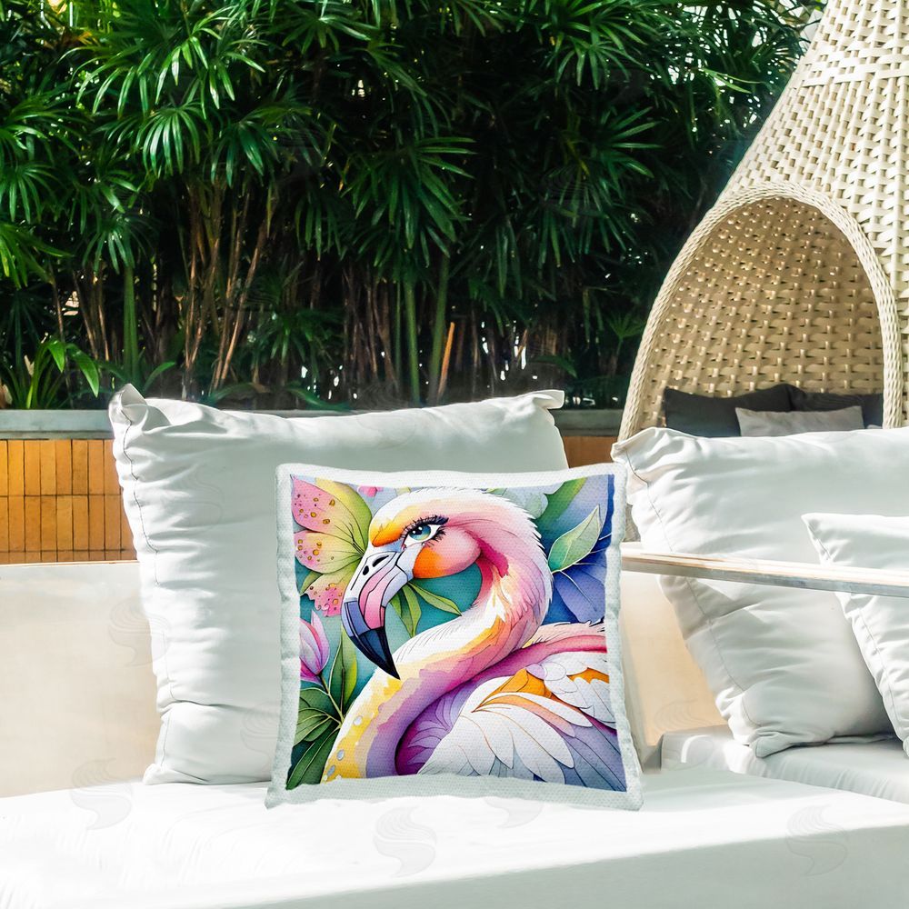 Shelly Craig Tropical Flamingo Portrait Outdoor Quick-Dry Polyester Printed Square Pillow on Patio