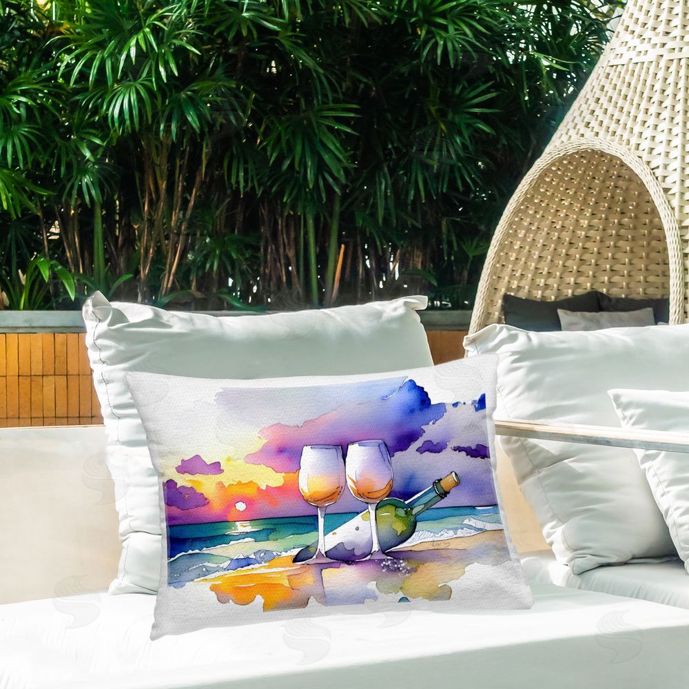 Shelly Craig Coastal Cheers with Wine Outdoor Quick-Dry Polyester Printed Lumbar Pillow on Patio