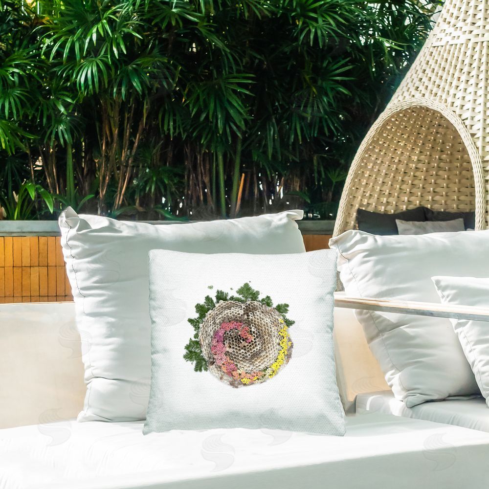Beth Adoette Honeycomb with Botanicals Outdoor Quick-Dry Polyester Printed Square Pillow on Patio