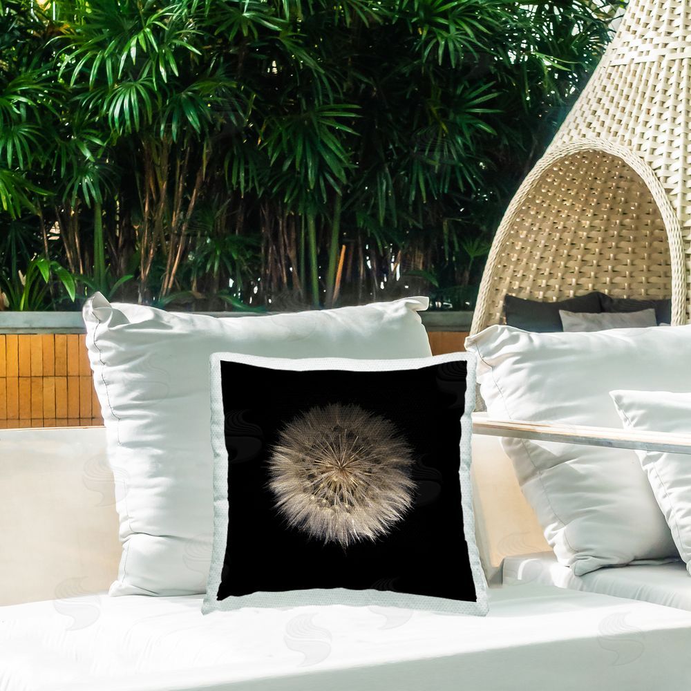 Beth Adoette Wispy Dandelion on Black Outdoor Quick-Dry Polyester Printed Square Pillow on Patio