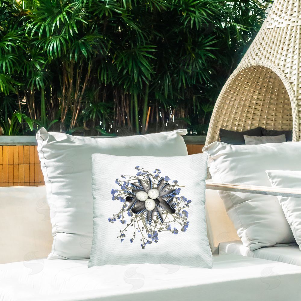 Beth Adoette Feathered Nest & Blue Florals Outdoor Quick-Dry Polyester Printed Square Pillow on Patio