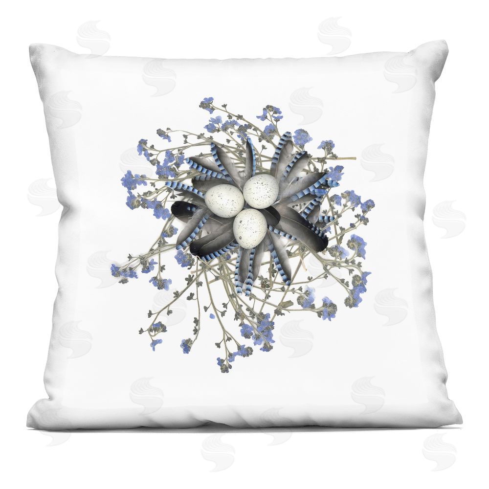 Beth Adoette Feathered Nest & Blue Florals Indoor Plush Polyester Square Throw Pillow