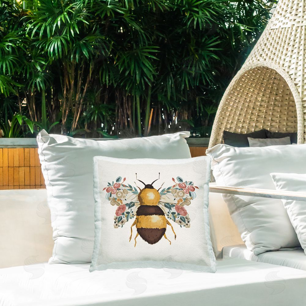 Ani Del Sol Floral Bee with Garden Wings Outdoor Quick-Dry Polyester Printed Square Pillow on Patio