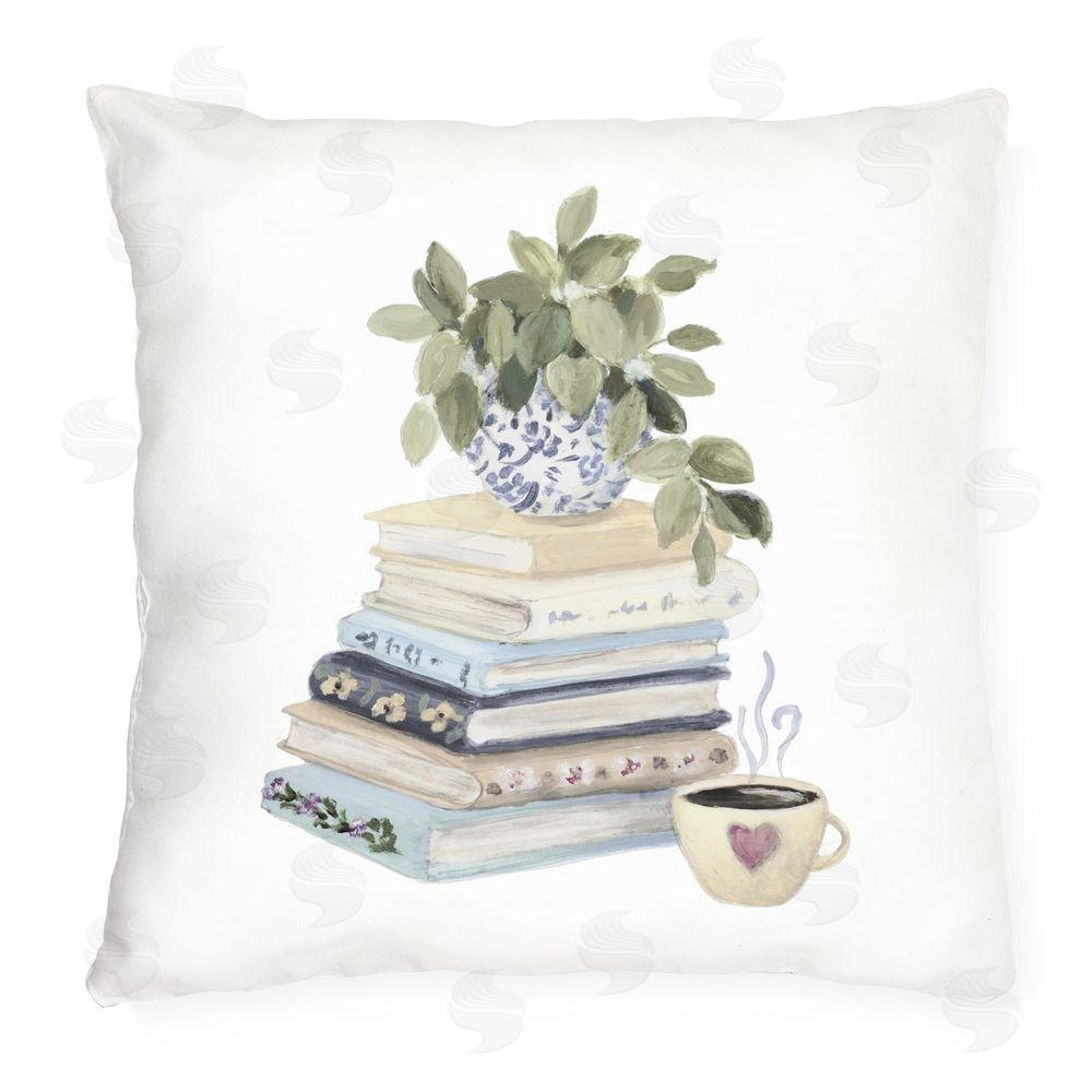 Lanie Loreth Coffee & Chapters Book Stack Outdoor Quick-Dry Polyester Square Throw Pillow