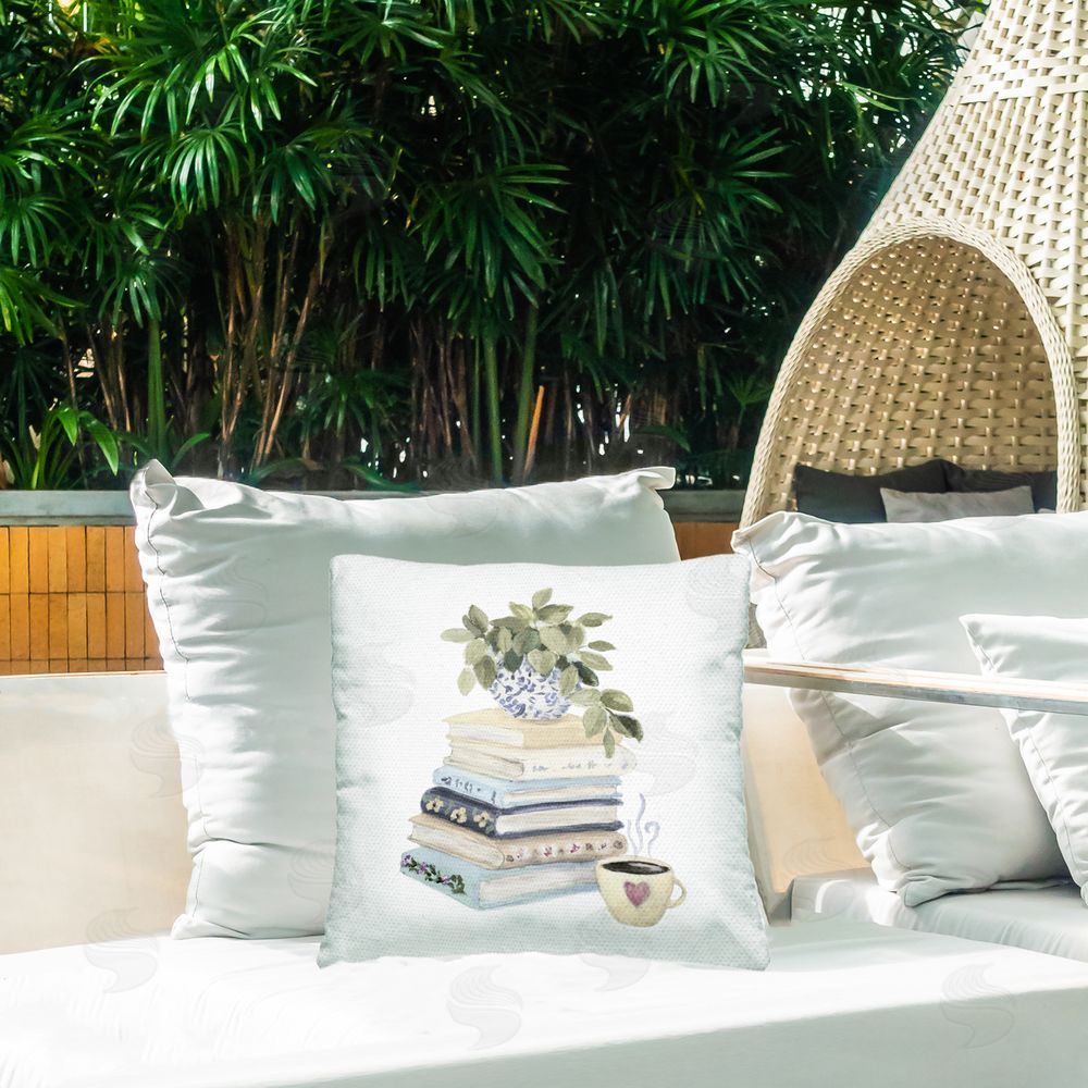 Lanie Loreth Coffee & Chapters Book Stack Outdoor Quick-Dry Polyester Printed Square Pillow on Patio