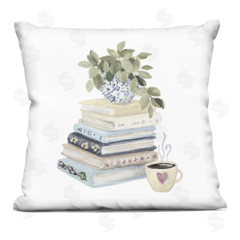 Lanie Loreth Coffee & Chapters Book Stack Indoor Plush Polyester Square Throw Pillow