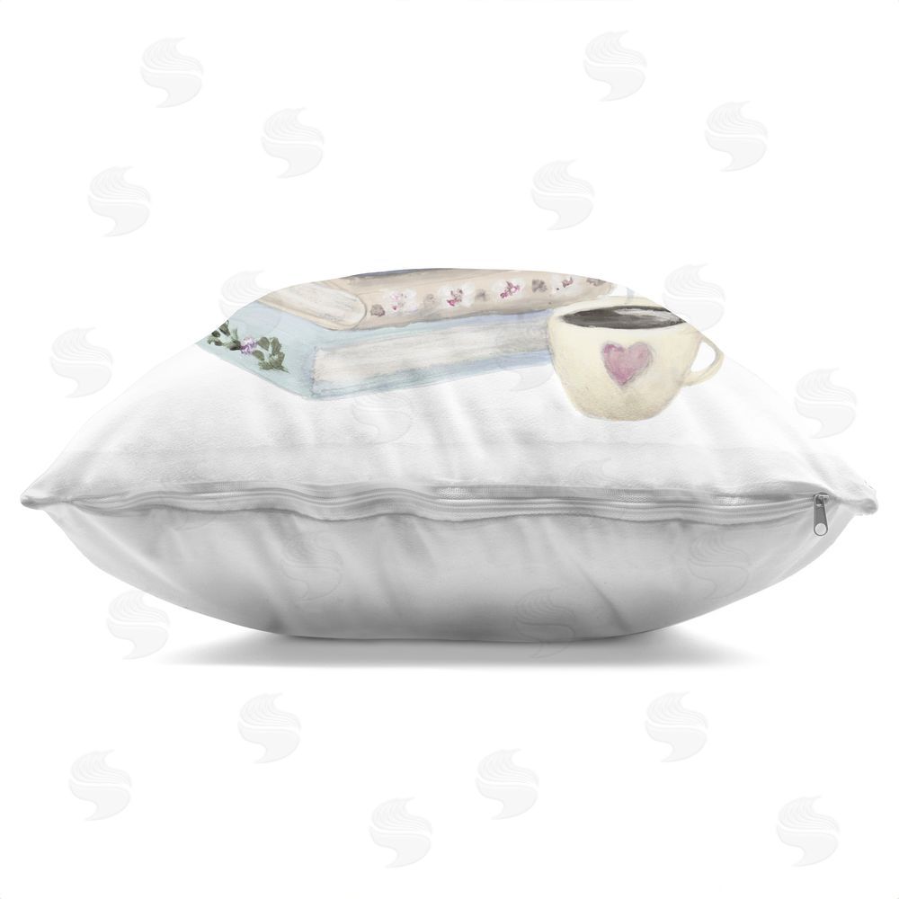 Lanie Loreth Coffee & Chapters Book Stack Indoor Plush Polyester Square Throw Pillow Zipper Detail