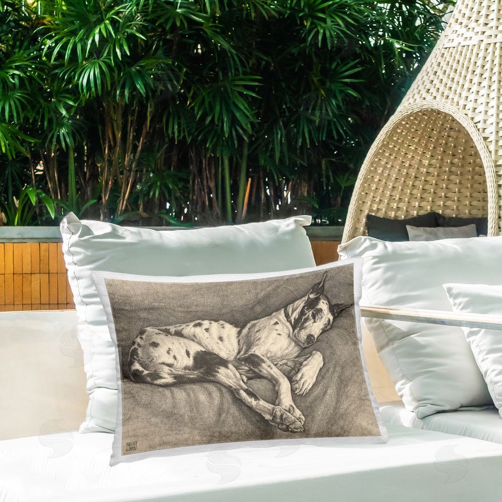 Bertha Van Hasselt Sleeping Hound Drawing Outdoor Quick-Dry Polyester Printed Lumbar Pillow on Patio