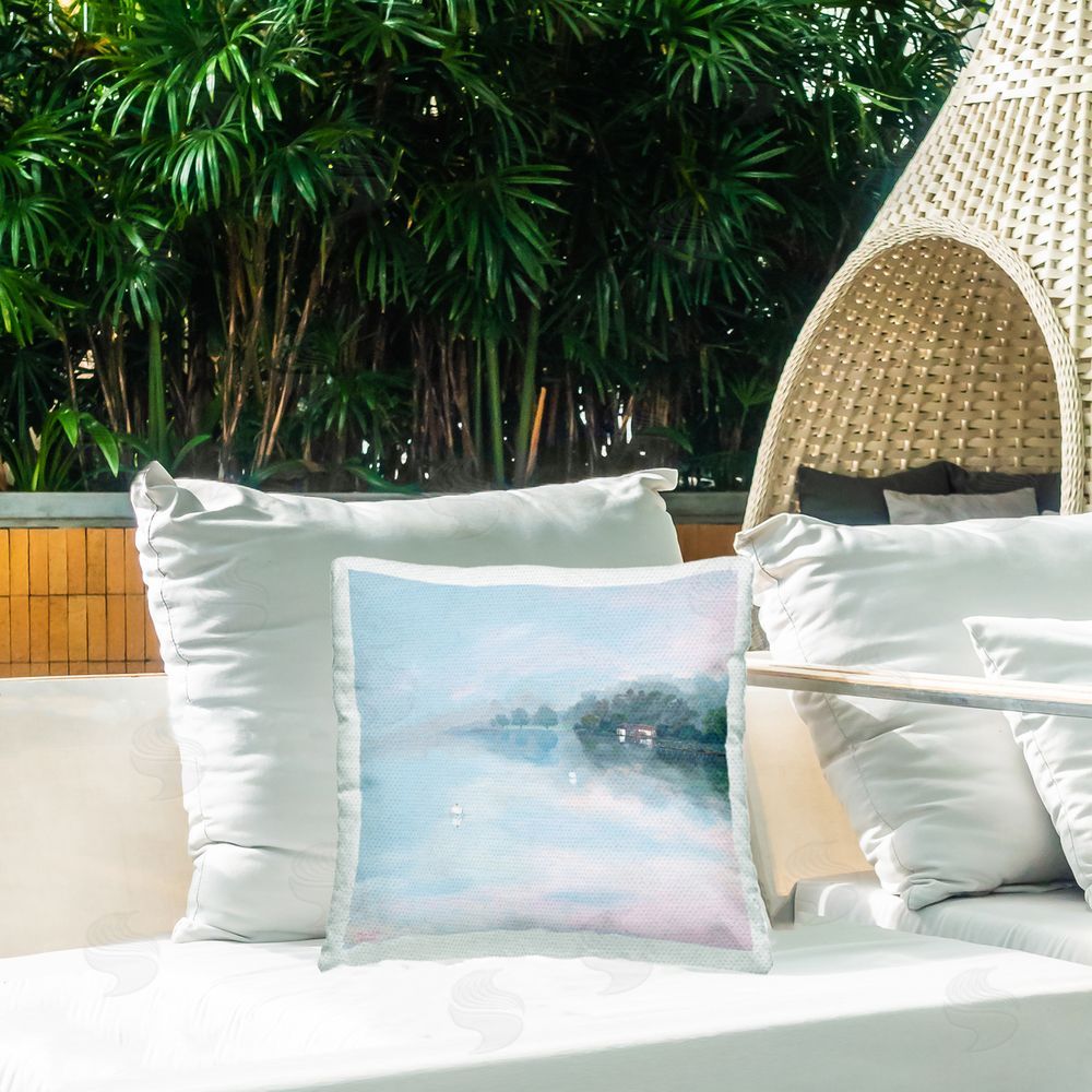 Meredith Howse Morning at Lake Windermere Outdoor Quick-Dry Polyester Printed Square Pillow on Patio