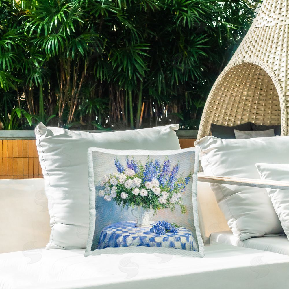 Tina LeCour Her Cottage Delphiniums Bouquet Outdoor Quick-Dry Polyester Printed Square Pillow on Patio