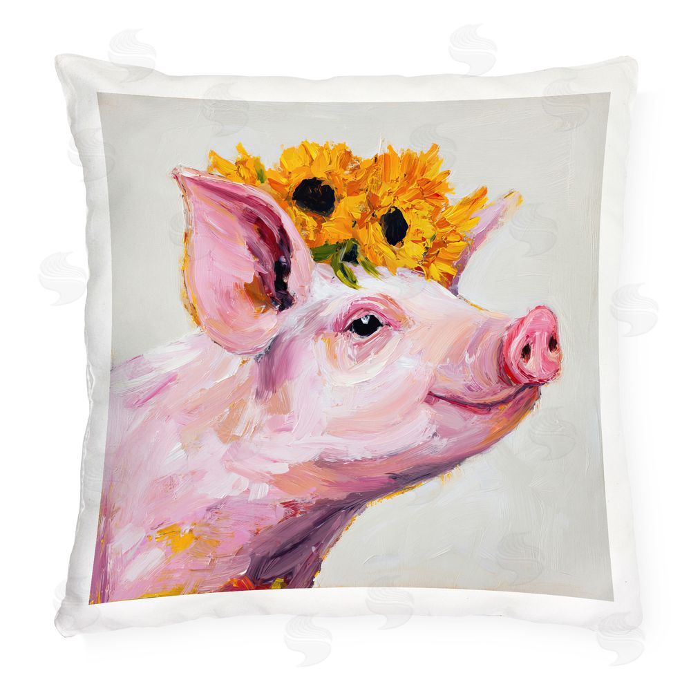 Tina LeCour Happy Pig Wearing Sunflower Crown Outdoor Quick-Dry Polyester Square Throw Pillow