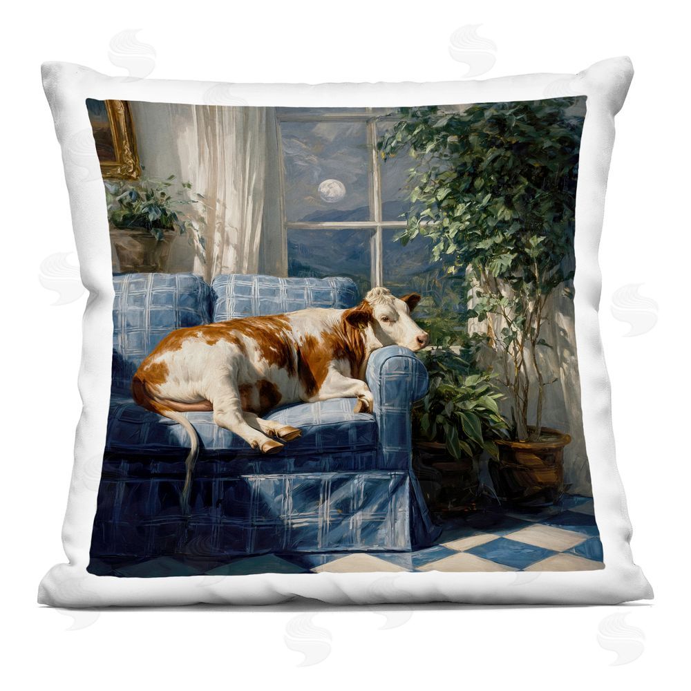 Tina LeCour Midnight Moo Lounging on Sofa Indoor Plush Polyester Square Throw Pillow