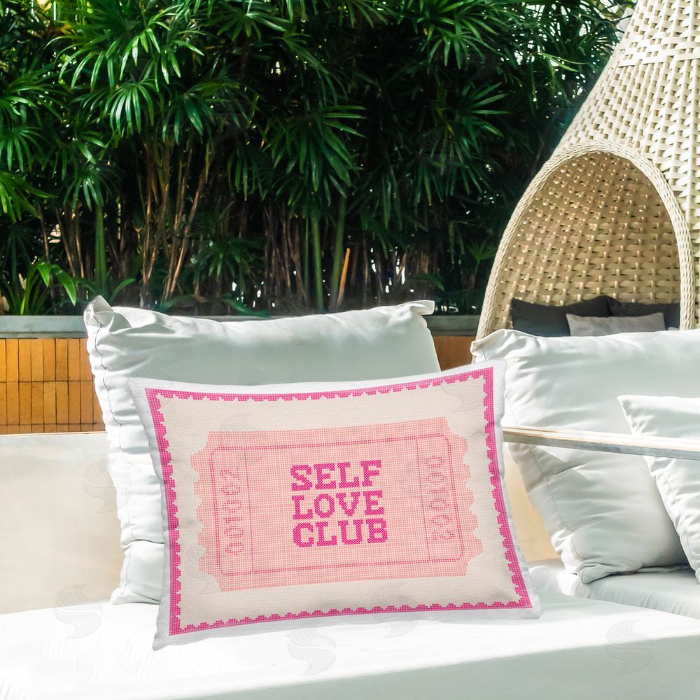 Stupell Studio Self Love Club Retro Ticket Outdoor Printed Lumbar Throw Pillow on Seat