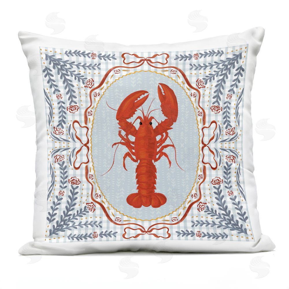 Vero Illustrates Lobster Portrait Blue Gingham Outdoor Square Printed Throw Pillow