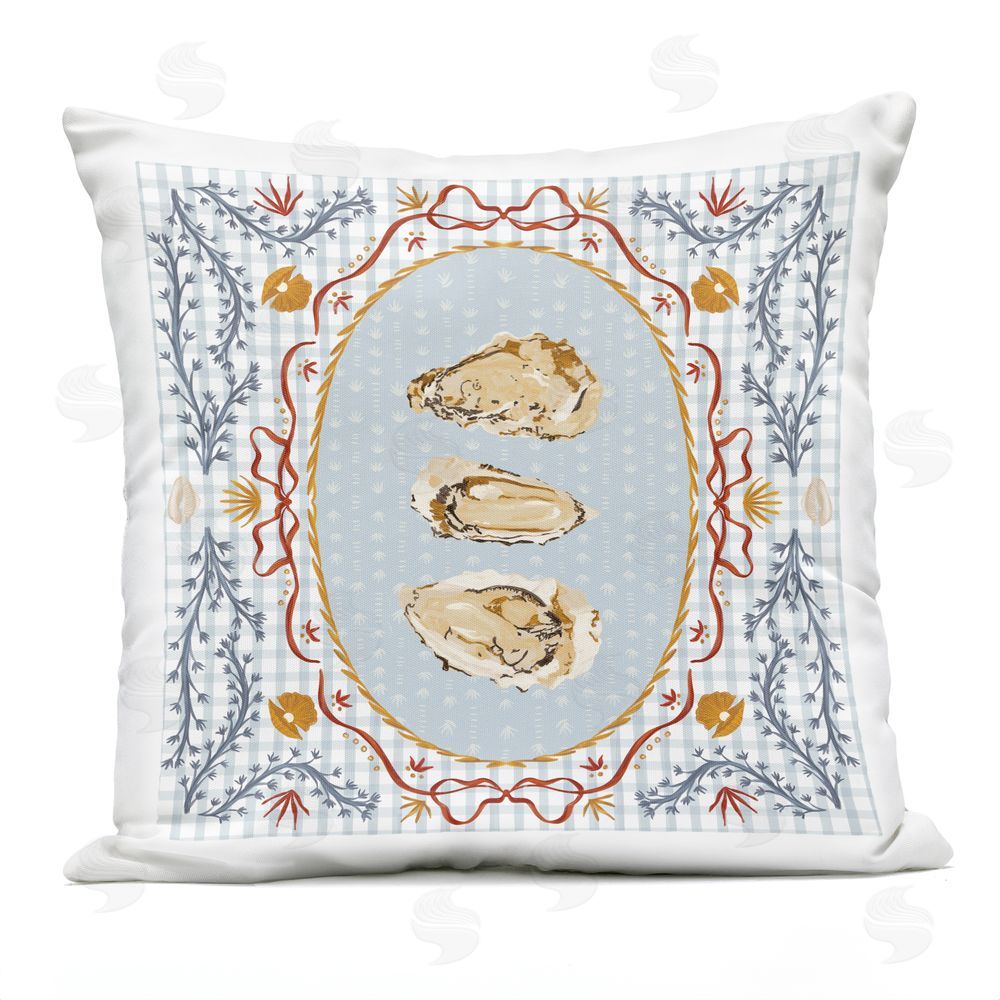 Vero Illustrates Oyster Trio on Blue Gingham Outdoor Square Printed Throw Pillow