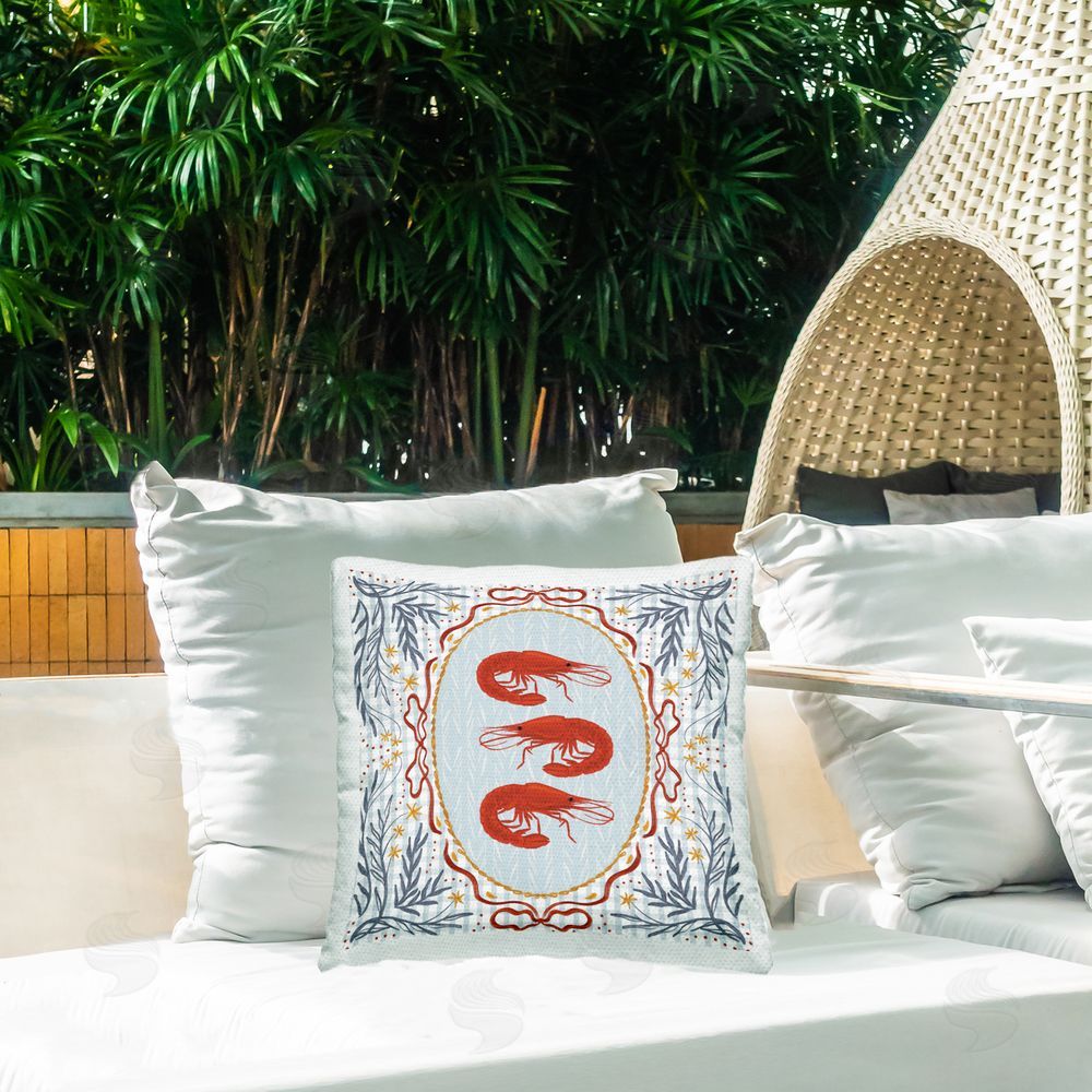 Vero Illustrates Prawn Trio on Blue Gingham Outdoor Square Printed Throw Pillow on Seat