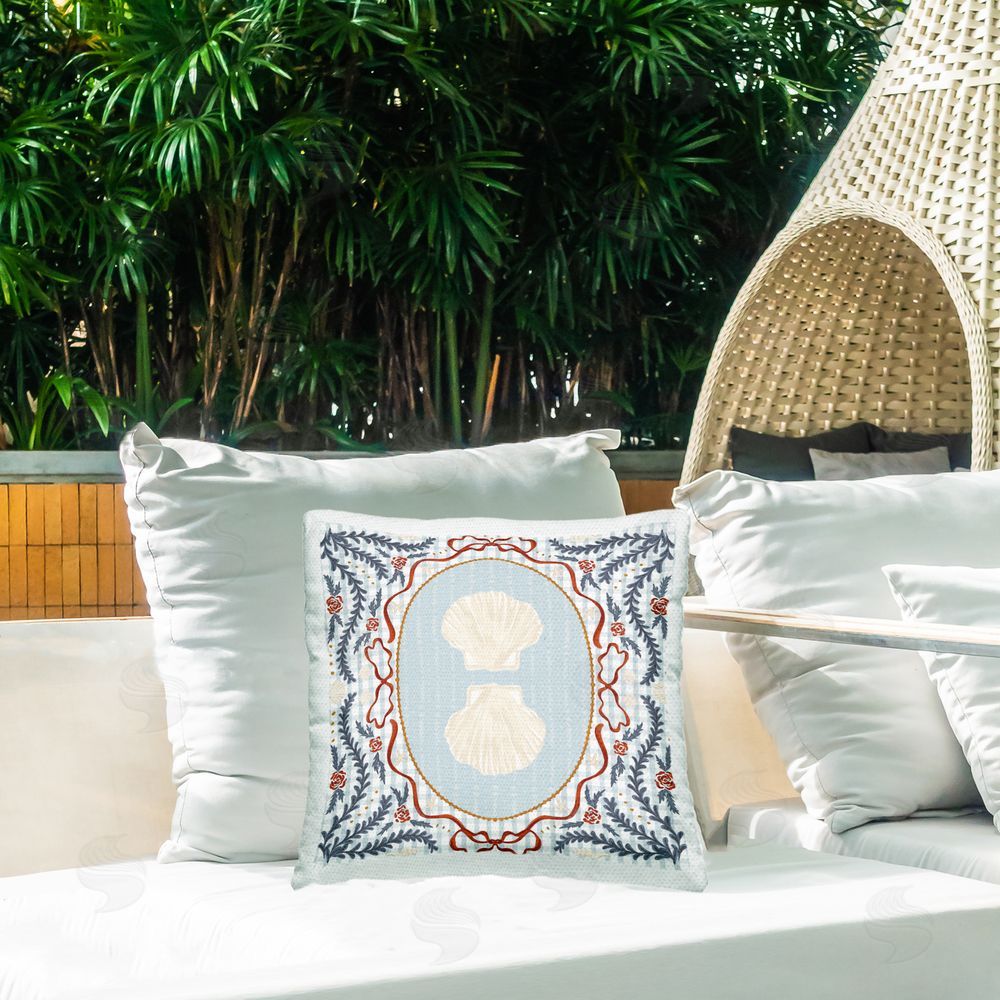 Vero Illustrates Shells Portrait on Gingham Outdoor Square Printed Throw Pillow on Seat