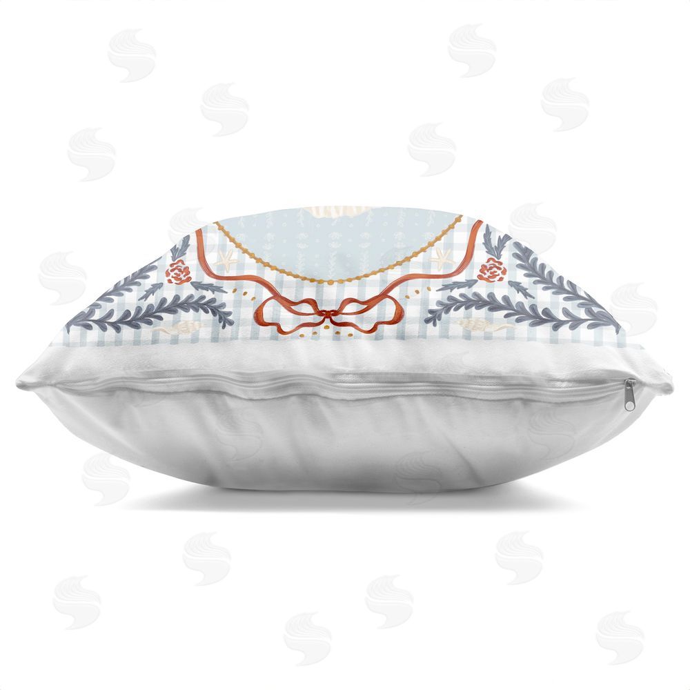 Vero Illustrates Shells Portrait on Gingham Square Printed Throw Pillow Side View with Zipper Detail