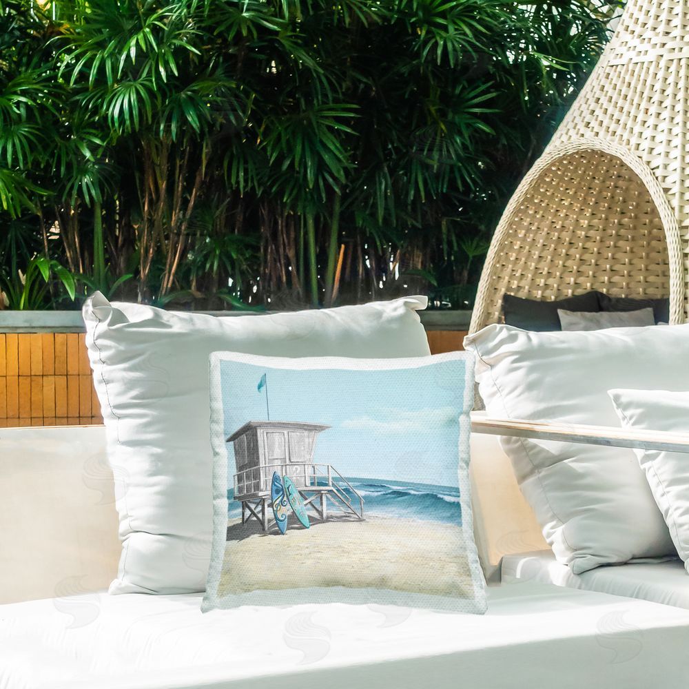 Lorenzo Collective Lifeguard Stand with Blue Boards Outdoor Quick-Dry Polyester Printed Square Pillow on Patio