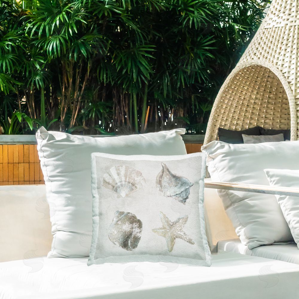 Lorenzo Collective Shoreline Treasures Shell Quartet Outdoor Quick-Dry Polyester Printed Square Pillow on Patio