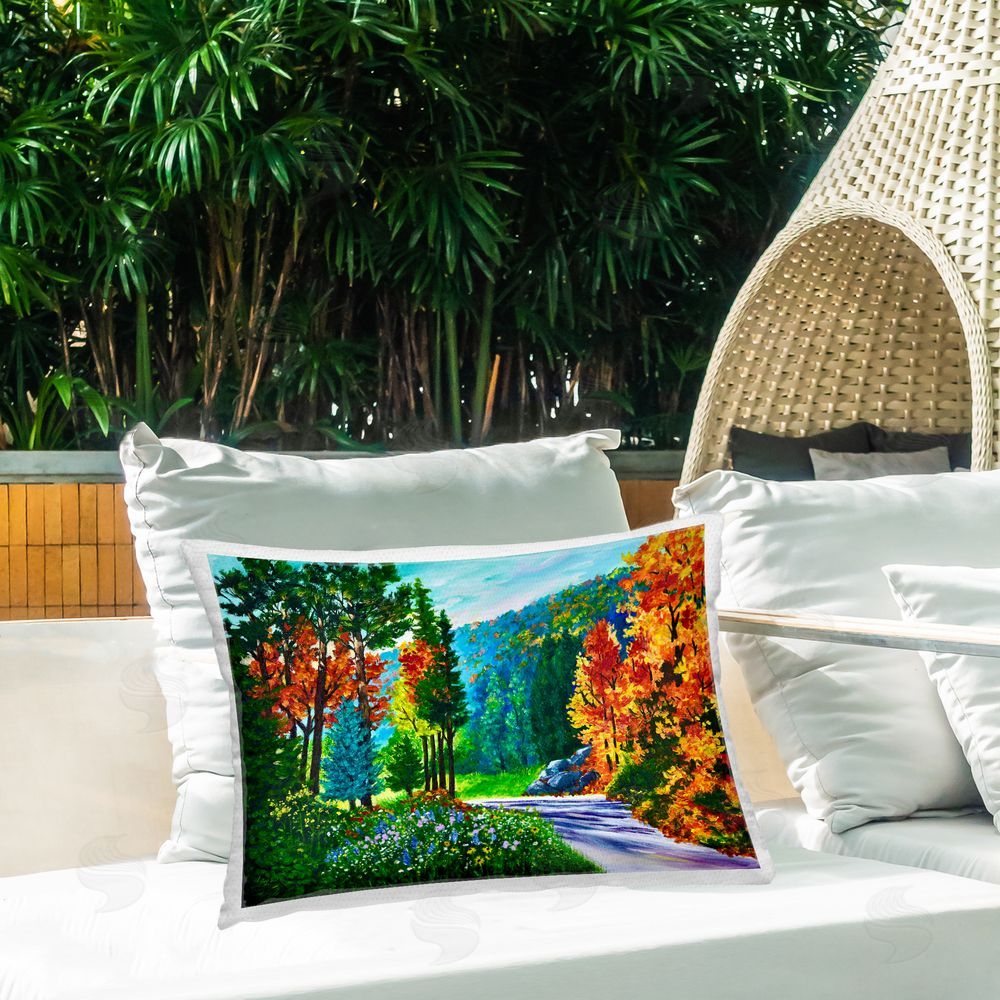 Lee Ann Zirbes Sunlit Autumn Woodland Pathway Outdoor Printed Lumbar Throw Pillow on Seat