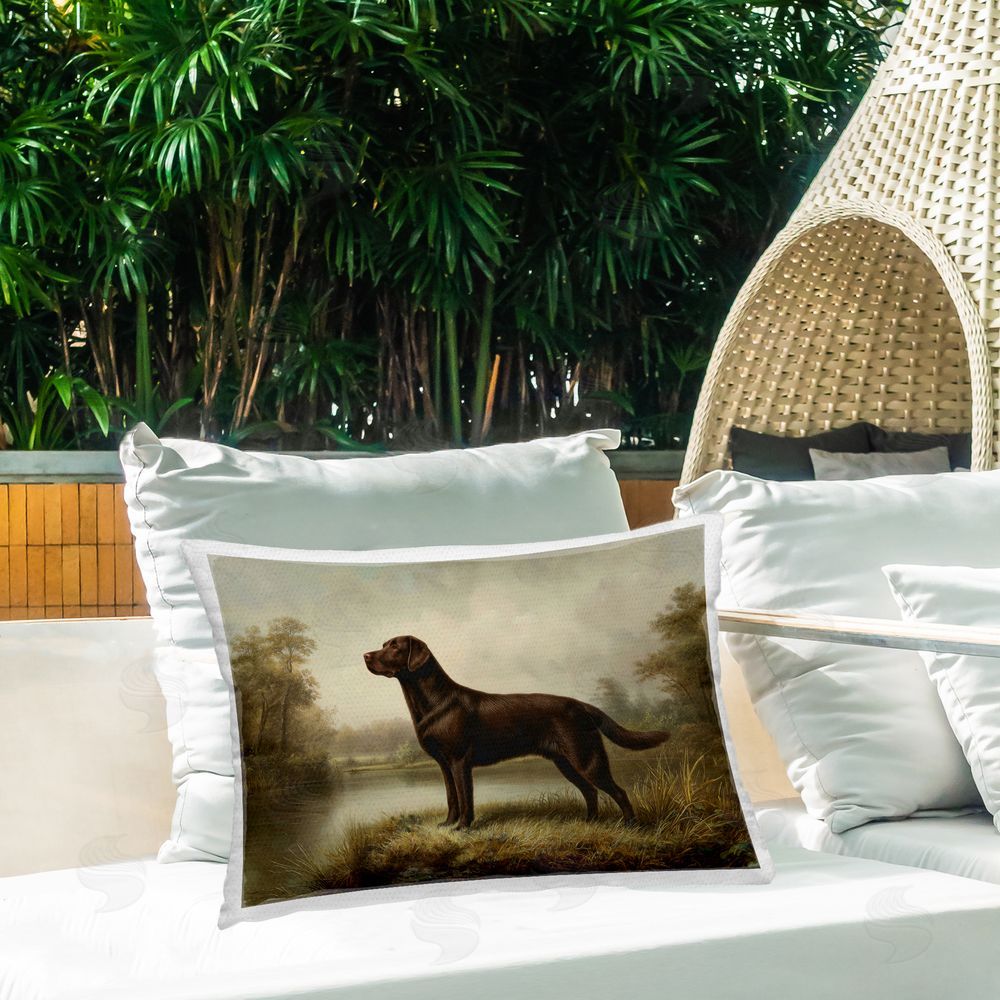 Petal Prints Design On Alert Chocolate Labrador Outdoor Printed Lumbar Throw Pillow on Seat