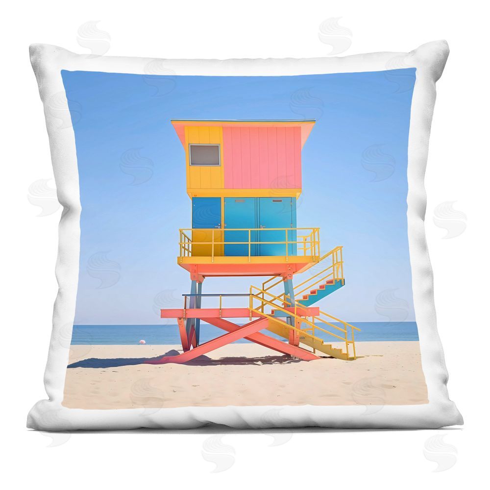 Creative Studio Deco Lifeguard Tower on Beach Square Printed Throw Pillow