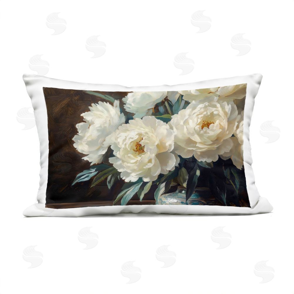 Petal Prints Design Large Moody White Floral Outdoor Printed Lumbar Throw Pillow