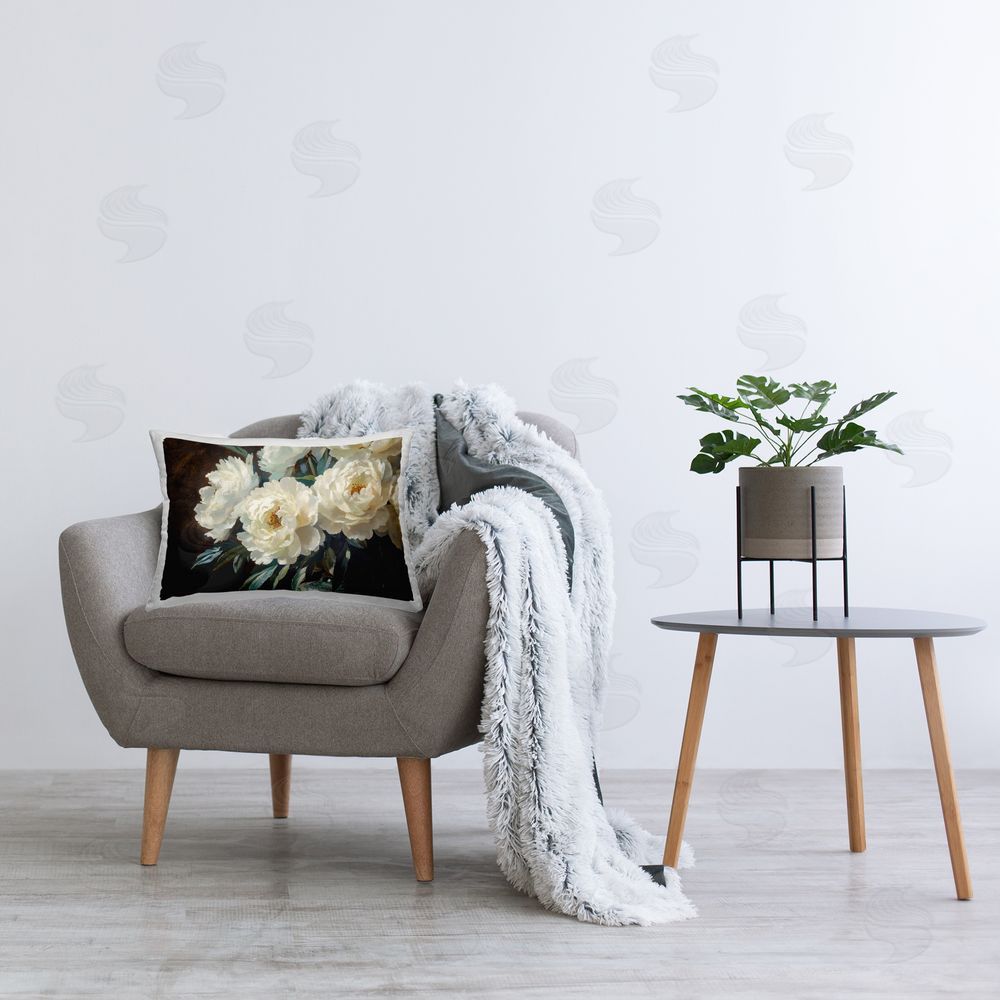 Petal Prints Design Large Moody White Floral Printed Lumbar Throw Pillow on Seat