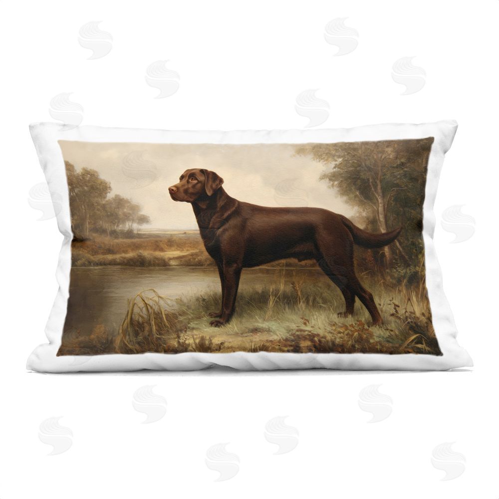 Petal Prints Design Brown Lab By The Pond Printed Lumbar Throw Pillow