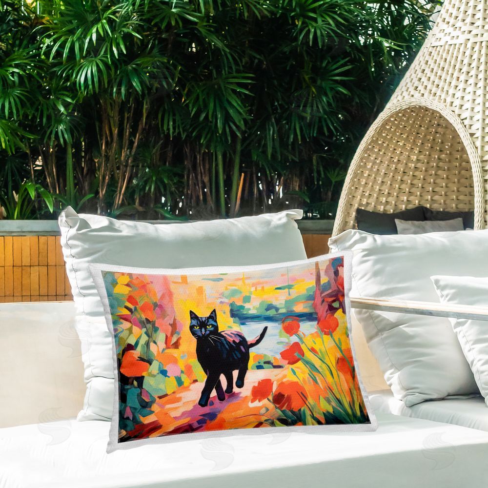 Creative Studio Sunlit Black Cat in Garden Outdoor Printed Lumbar Throw Pillow on Seat
