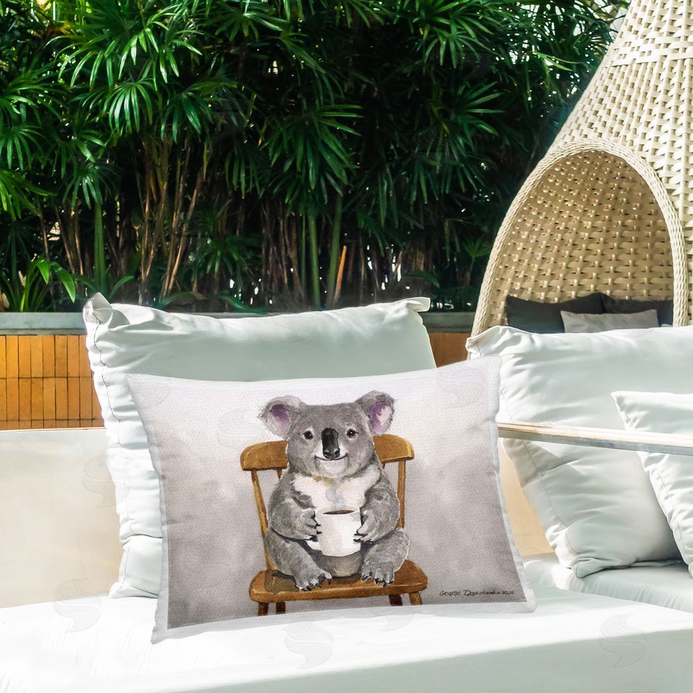 George Dyachenko Koala with Coffee Mug Outdoor Printed Lumbar Throw Pillow on Seat