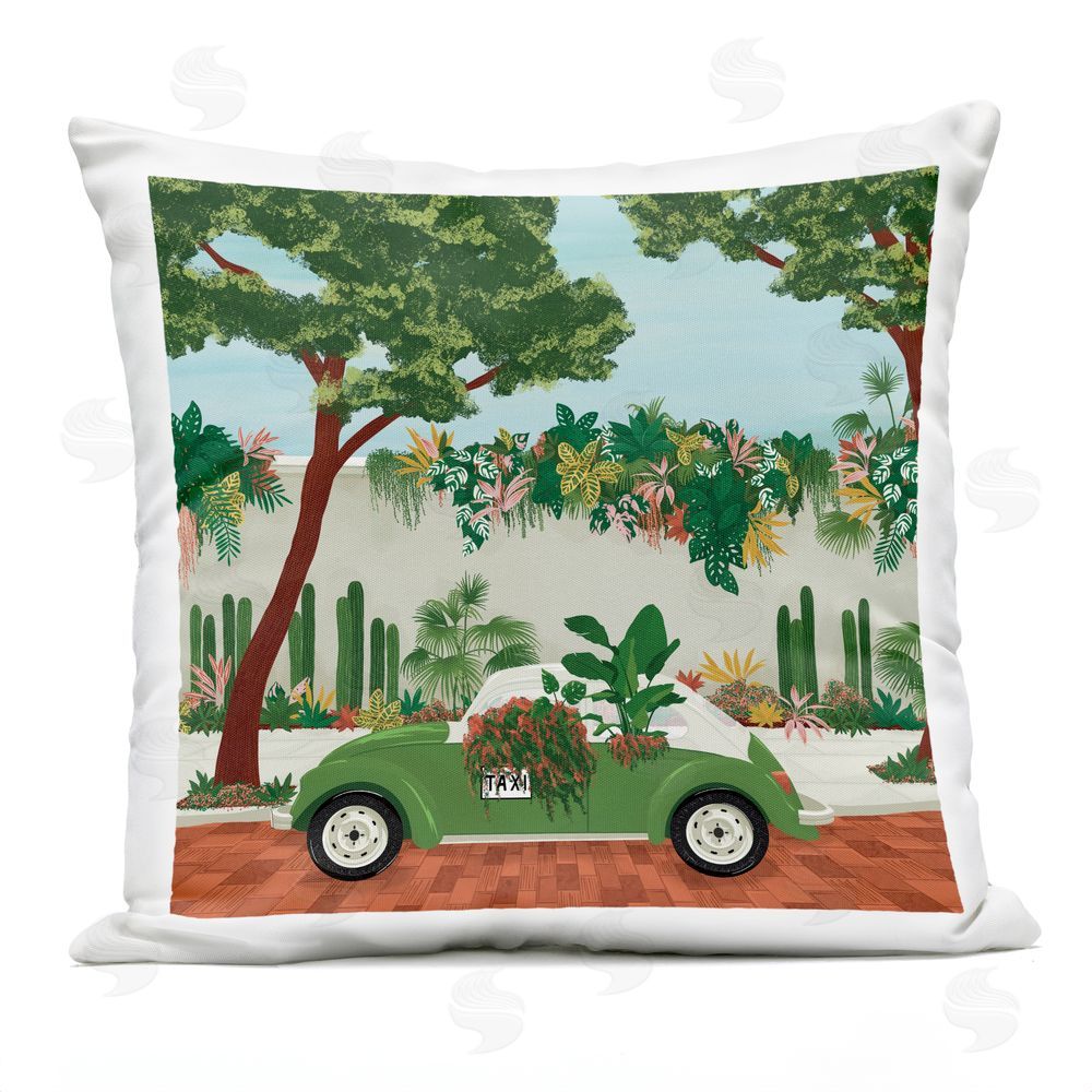 Vero Illustrates Overgrown Garden Taxi Outdoor Square Printed Throw Pillow
