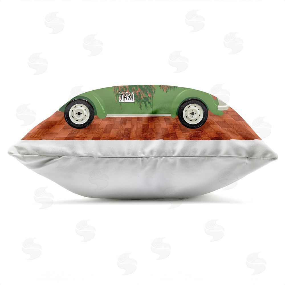 Vero Illustrates Overgrown Garden Taxi Outdoor Square Printed Throw Pillow Side View with Zipper Detail