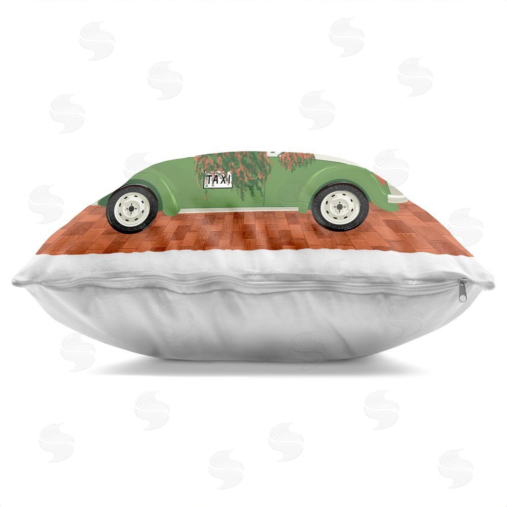 Vero Illustrates Overgrown Garden Taxi Square Printed Throw Pillow Side View with Zipper Detail