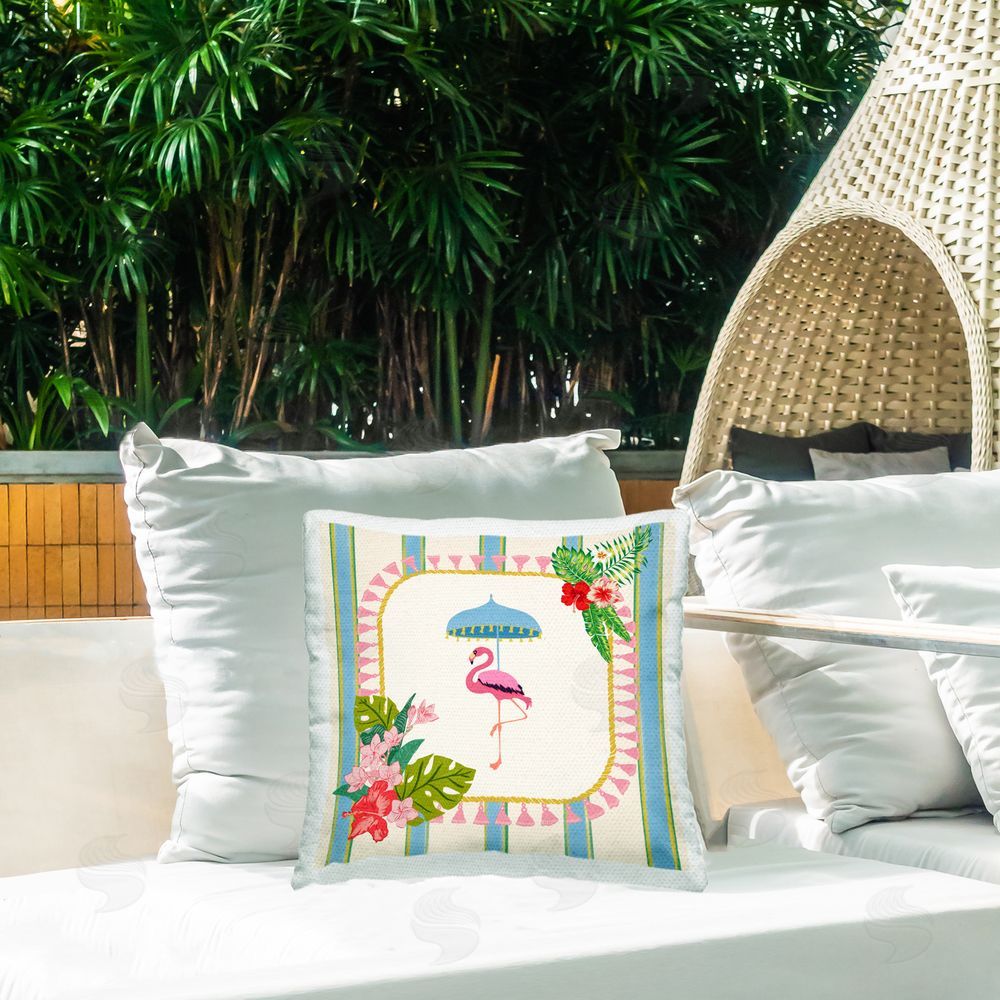 Radhika Modi Flamingo Tropics Umbrella Outdoor Quick-Dry Polyester Printed Square Pillow on Patio