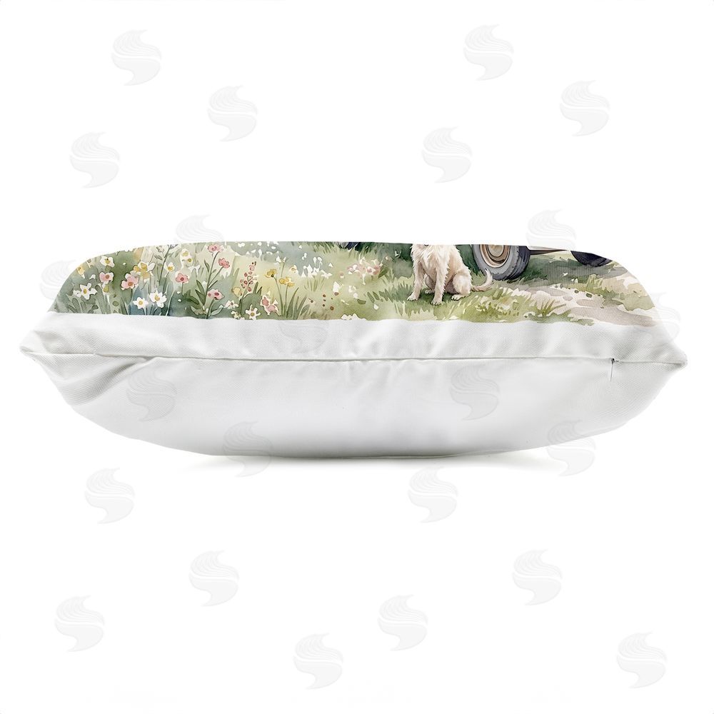 Tabz Jones Spring Orchard and Truck Outdoor Printed Lumbar Throw Pillow Side View with Zipper Detail