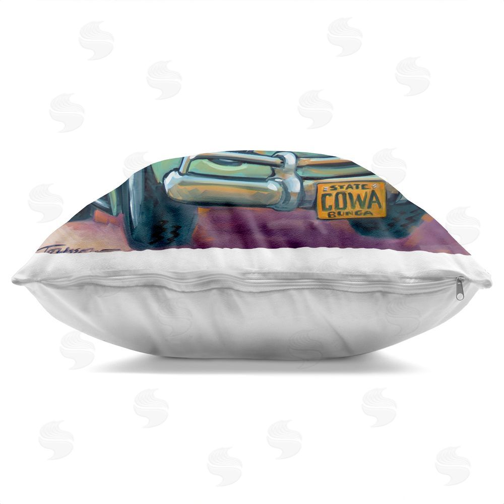 CR Townsend Cowabunga Surfer Cows Square Printed Throw Pillow Side View with Zipper Detail